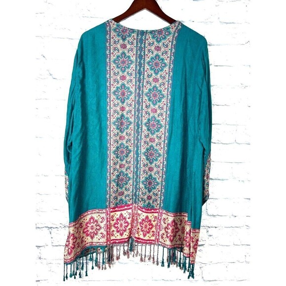 Time For Me Women Sz XL Turquoise Brocade Kimono Boho Print Cardigan Fringe T4 - Picture 4 of 12